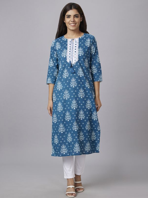 Globus Women Teal Printed Round Neck Straight Kurta