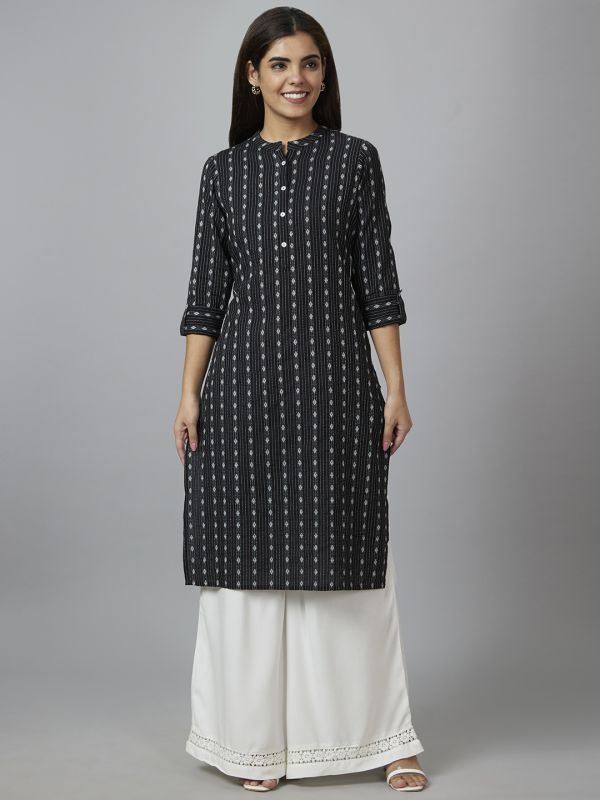 Globus Women Black Woven Design Straight Kurta