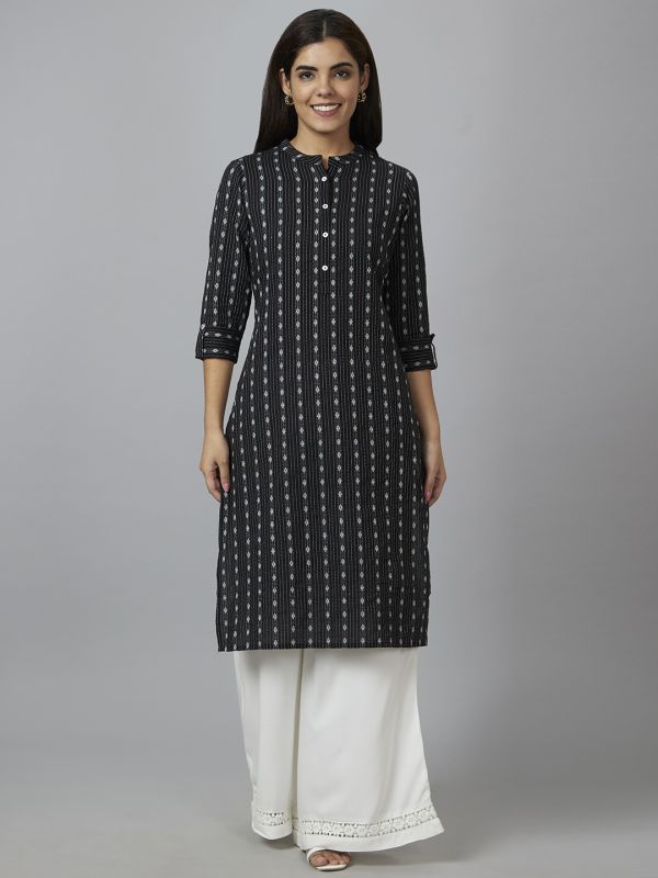 Globus Women Black Woven Design Straight Kurta