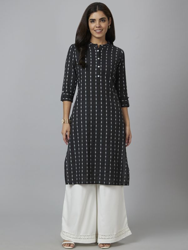 Globus Women Black Woven Design Straight Kurta