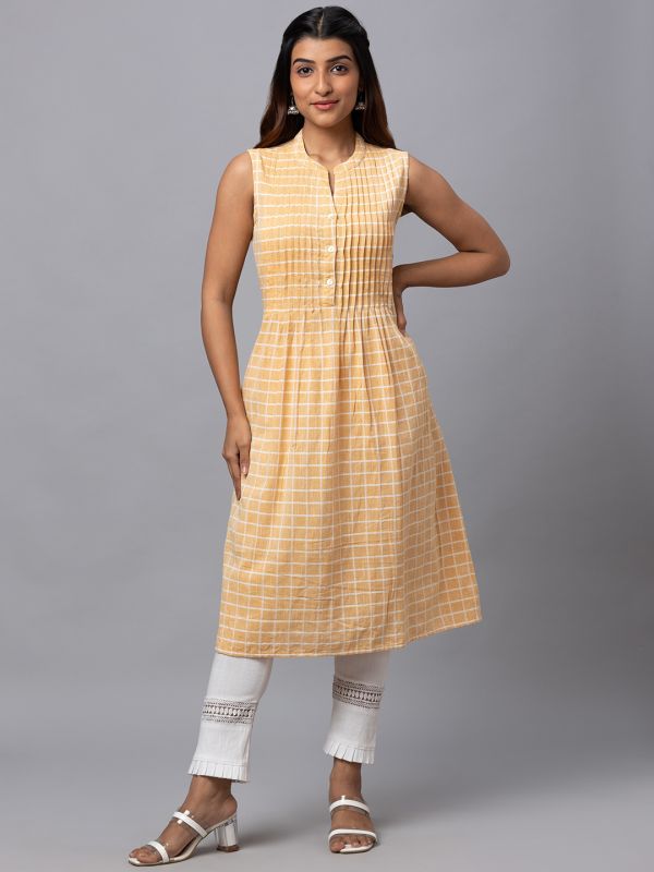 Globus Women Yellow Checked Mandarin Collar Yarn Dyed Fit To Flare Kurta