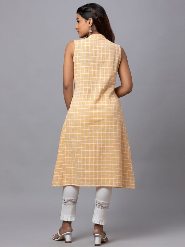 Globus Women Yellow Checked Mandarin Collar Yarn Dyed Fit To Flare Kurta