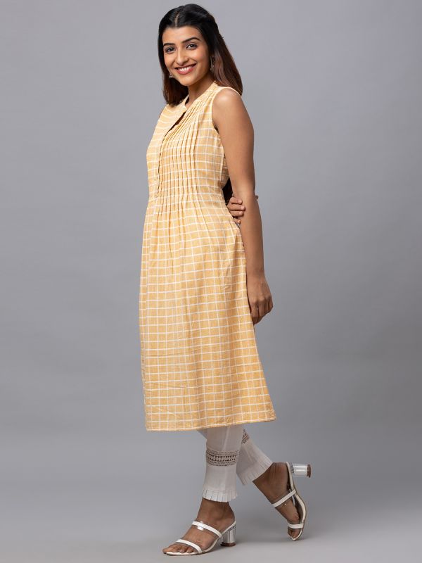 Globus Women Yellow Checked Mandarin Collar Yarn Dyed Fit To Flare Kurta