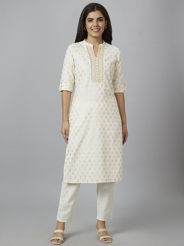 Globus Women Off White Printed Straight Kurta