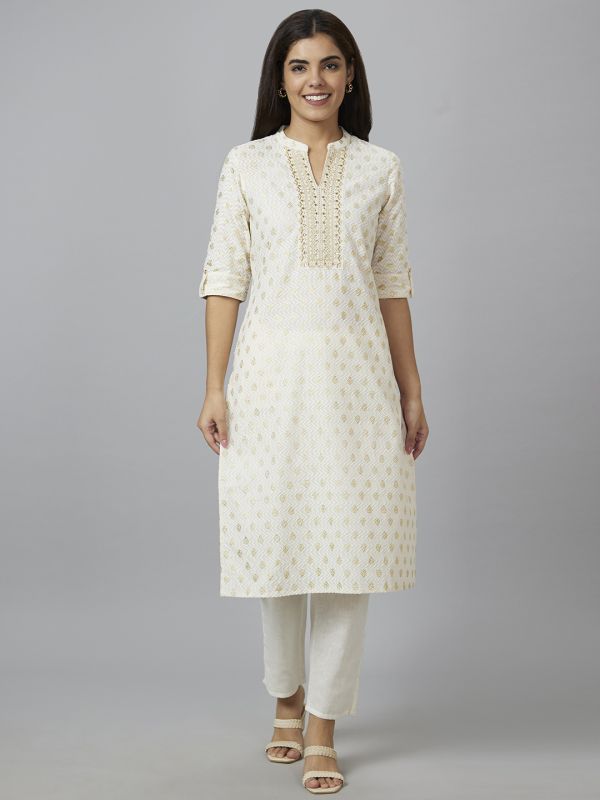 Globus Women Off White Printed Straight Kurta