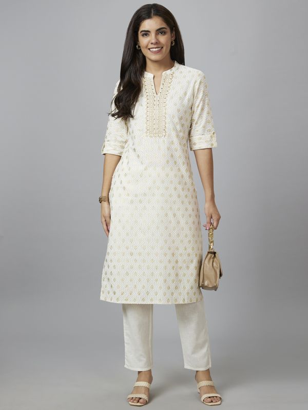 Globus Women Off White Printed Straight Kurta