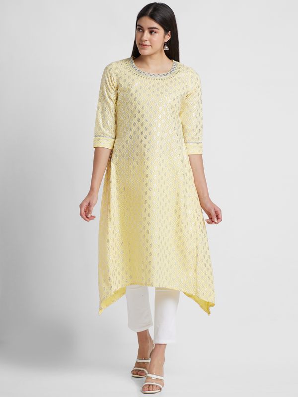 Globus Women Yellow Printed Round Neck A-Line Kurta