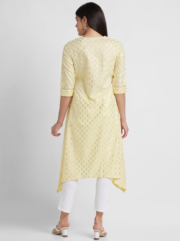 Globus Women Yellow Printed Round Neck A-Line Kurta