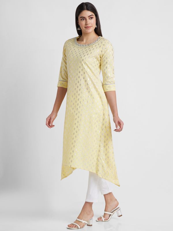 Globus Women Yellow Printed Round Neck A-Line Kurta