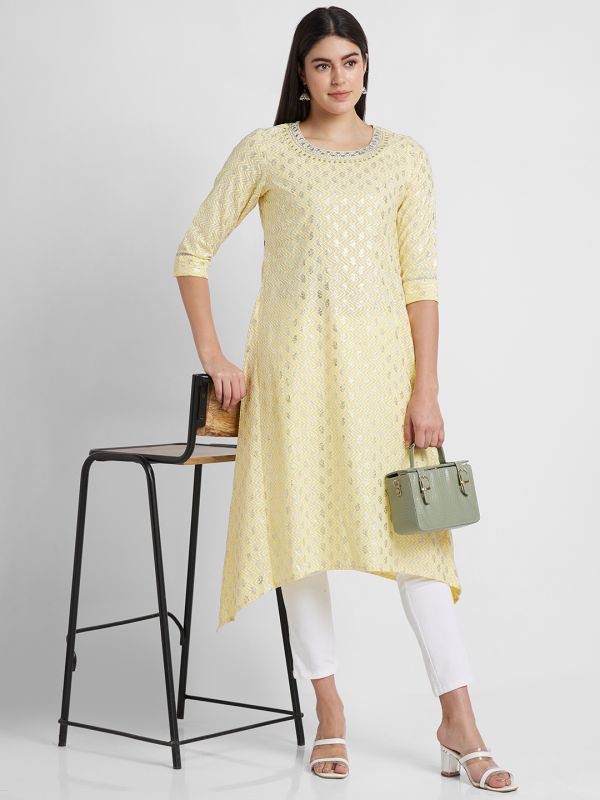 Globus Women Yellow Printed Round Neck A-Line Kurta