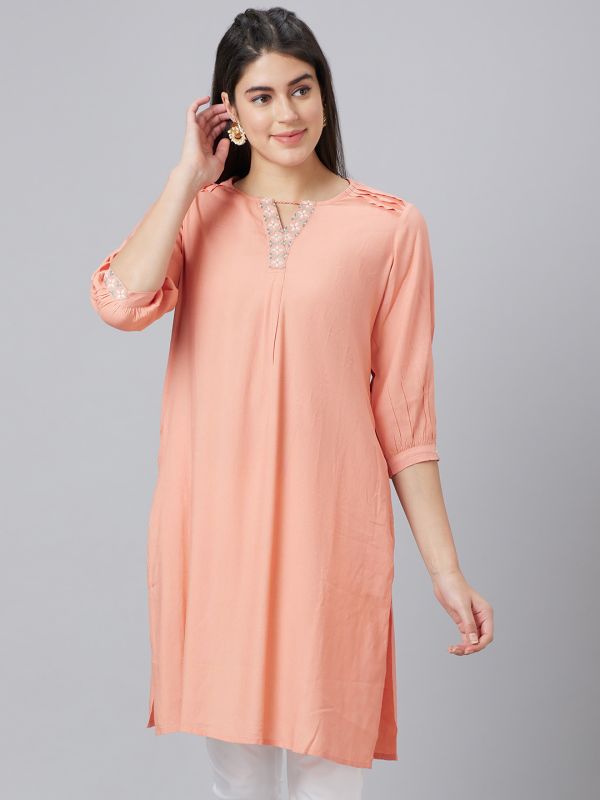 Globus Women Orange Solid Round Neck Straight Kurta