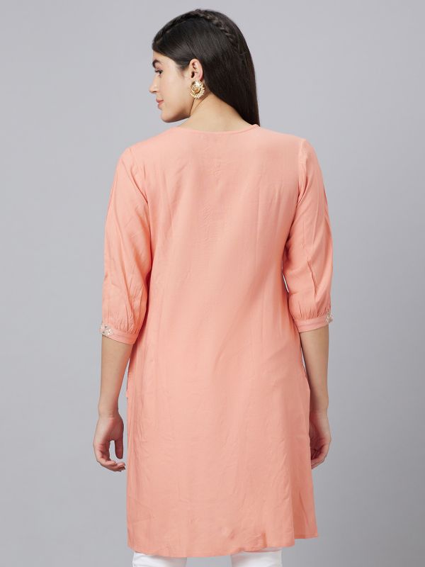 Globus Women Orange Solid Round Neck Straight Kurta