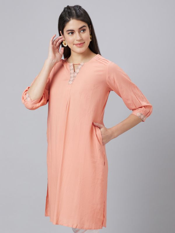 Globus Women Orange Solid Round Neck Straight Kurta