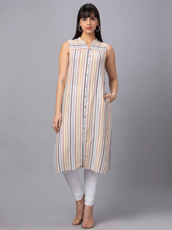 Globus Women Multi Striped Mandarin Collar A Line Sleeveless Kurta