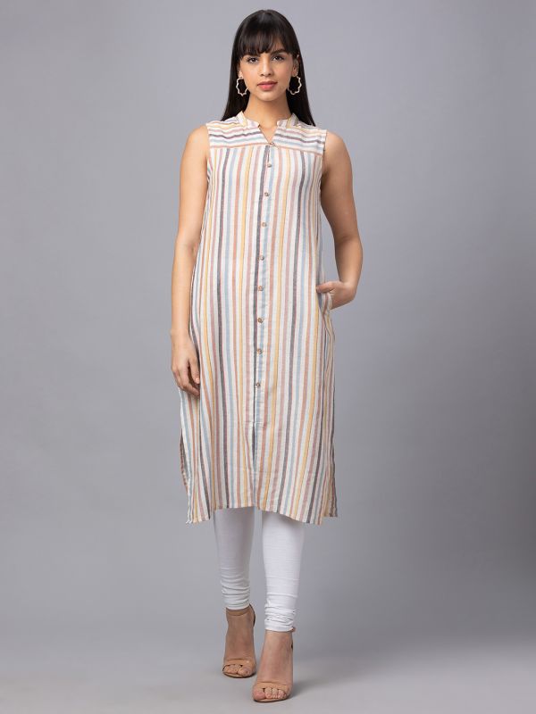 Globus Women Multi Striped Mandarin Collar A Line Sleeveless Kurta