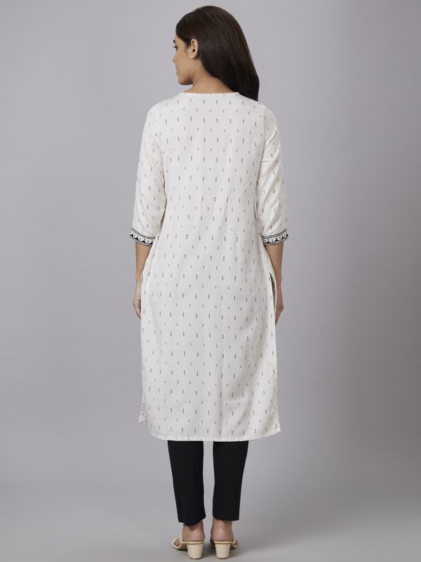 Globus Women Off White Printed Round Neck Straight Kurta