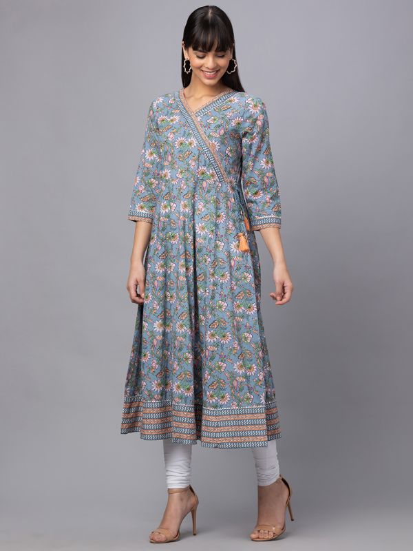 Globus Women Grey V Neck Printed Anarkali Kurta With Tassel Detail