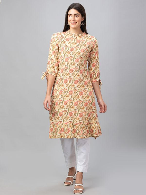 Globus Women Yellow 3/4 Sleeves All Over Printed A-Line Kurta