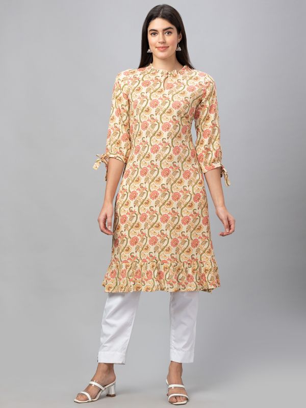 Globus Women Yellow 3/4 Sleeves All Over Printed A-Line Kurta