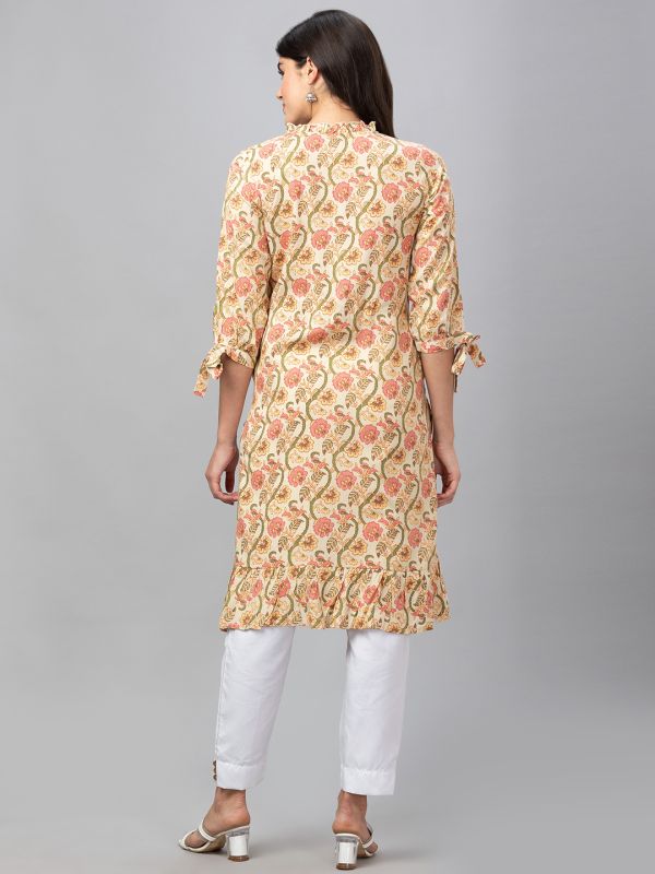 Globus Women Yellow 3/4 Sleeves All Over Printed A-Line Kurta