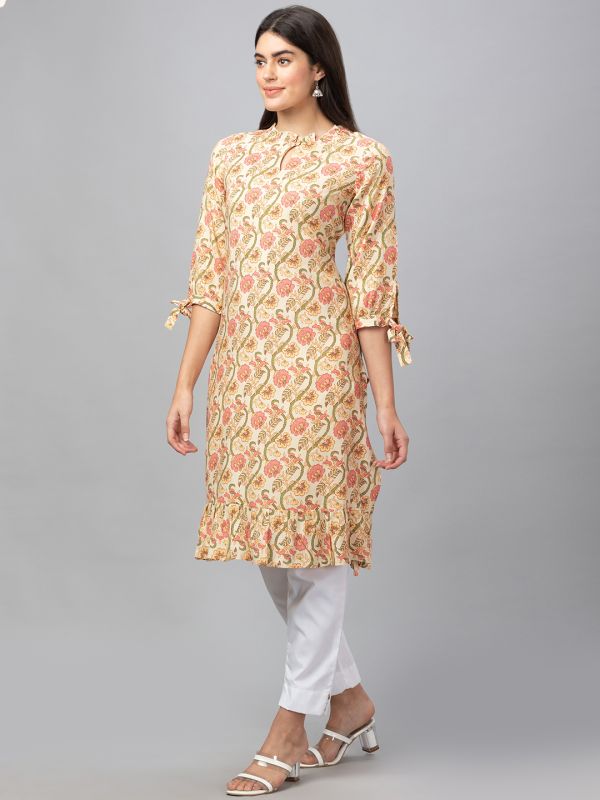 Globus Women Yellow 3/4 Sleeves All Over Printed A-Line Kurta