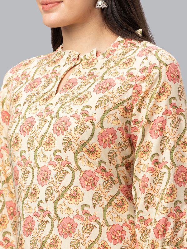 Globus Women Yellow 3/4 Sleeves All Over Printed A-Line Kurta