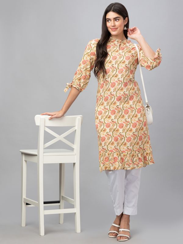 Globus Women Yellow 3/4 Sleeves All Over Printed A-Line Kurta