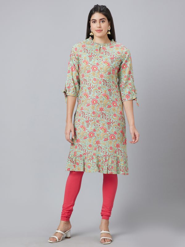 Globus Women Green Printed Keyhole Neck A-Line Kurta