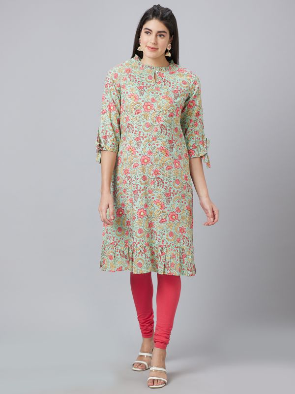 Globus Women Green Printed Keyhole Neck A-Line Kurta