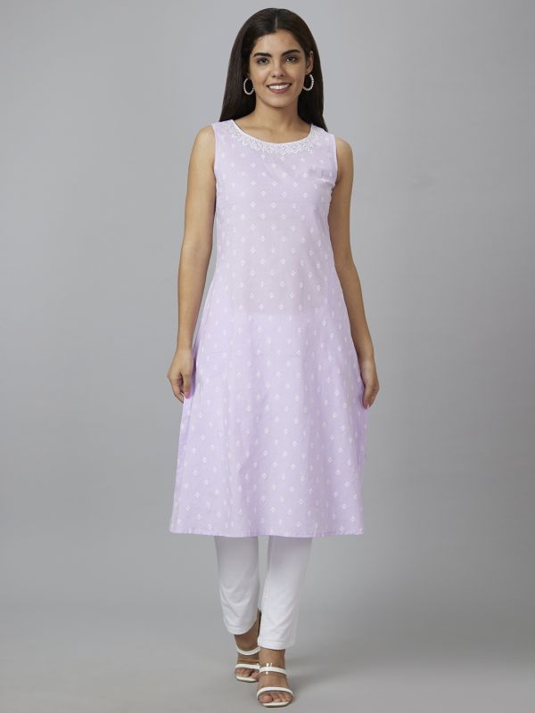 Globus Women Lavender Embroidered A-Line Kurta