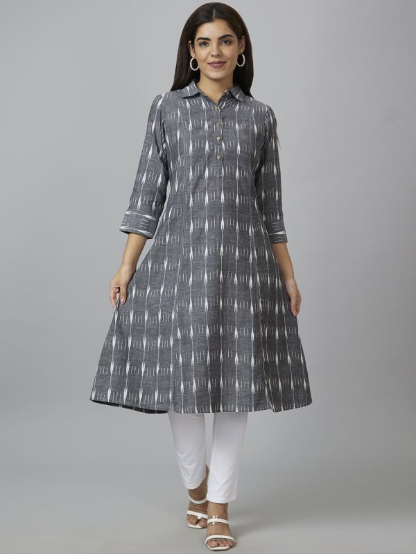 Globus Women Grey Woven Design A-Line Kurta