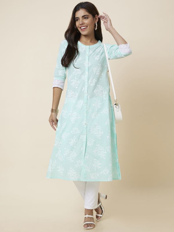 Globus Women Mint Green Printed Straight Kurta