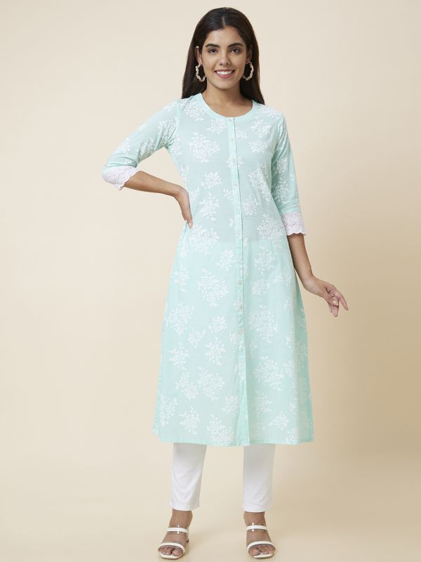 Globus Women Mint Green Printed Straight Kurta