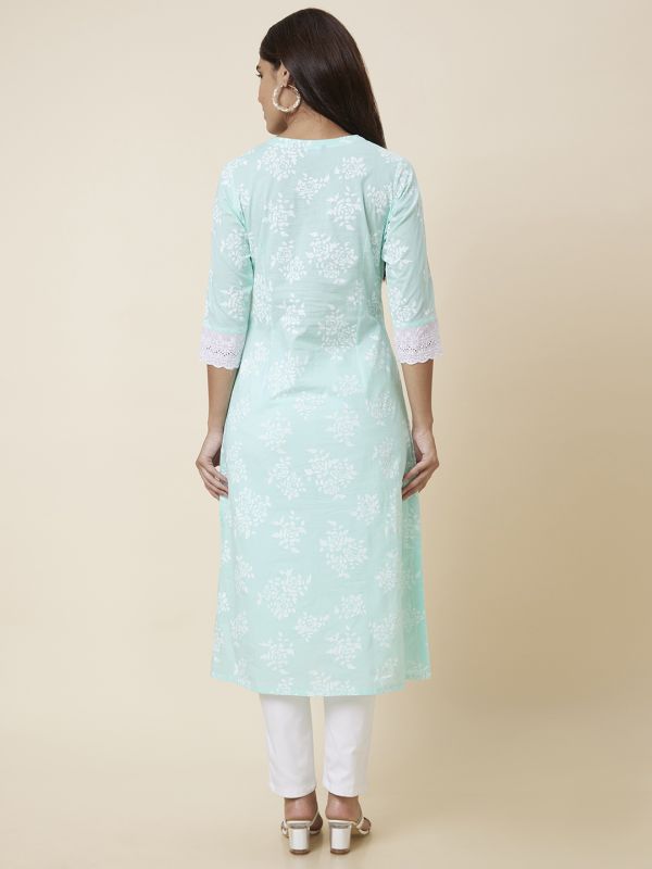 Globus Women Mint Green Printed Straight Kurta