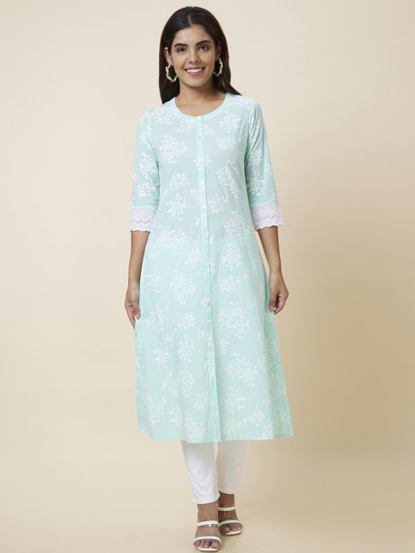 Globus Women Mint Green Printed Straight Kurta