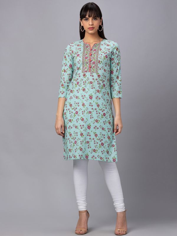 Globus Women Light Blue Printed Round Neck 3/4 Sleeves Straight Kurta