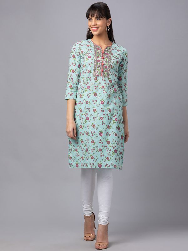 Globus Women Light Blue Printed Round Neck 3/4 Sleeves Straight Kurta