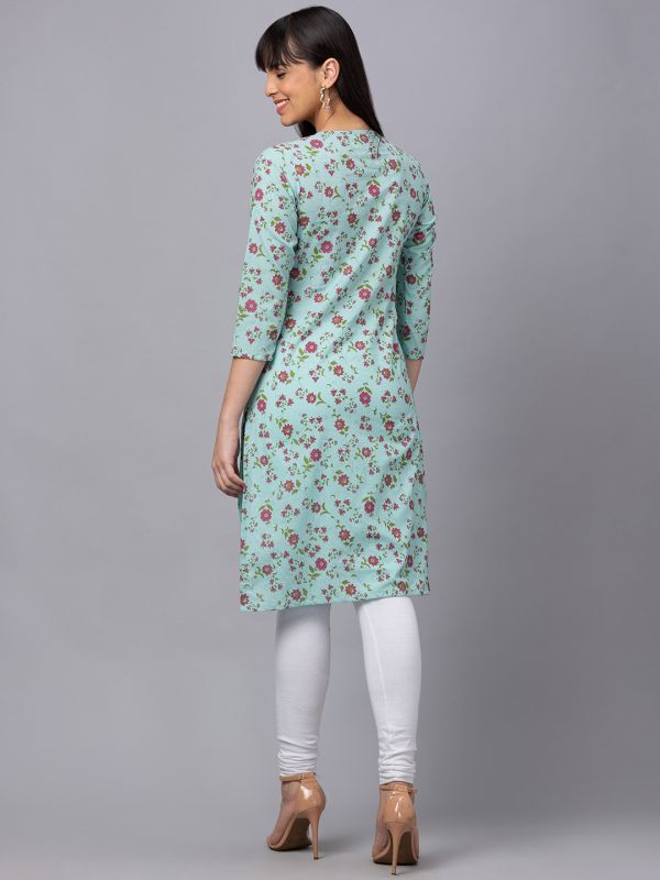 Globus Women Light Blue Printed Round Neck 3/4 Sleeves Straight Kurta