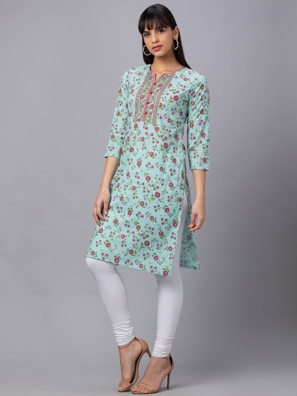 Globus Women Light Blue Printed Round Neck 3/4 Sleeves Straight Kurta