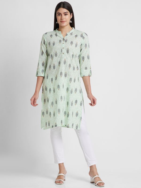 Globus Women Mint Green Printed Mandarin Collar Straight Kurta