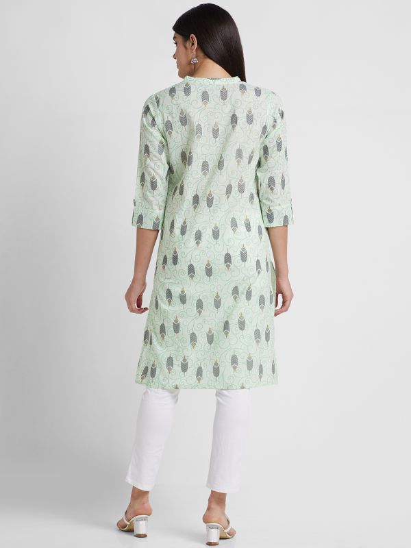 Globus Women Mint Green Printed Mandarin Collar Straight Kurta