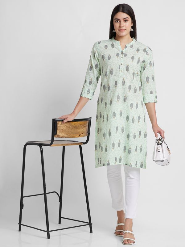 Globus Women Mint Green Printed Mandarin Collar Straight Kurta