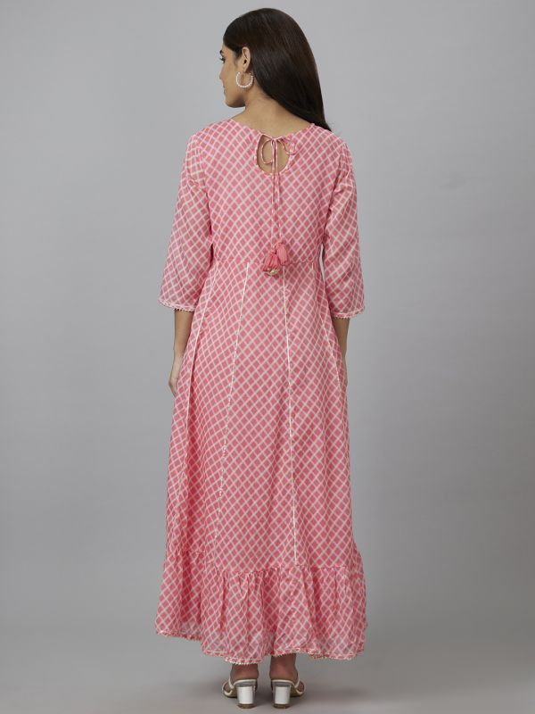 Globus Women Pink Checked Round Neck Fit and Flare Maxi Dress