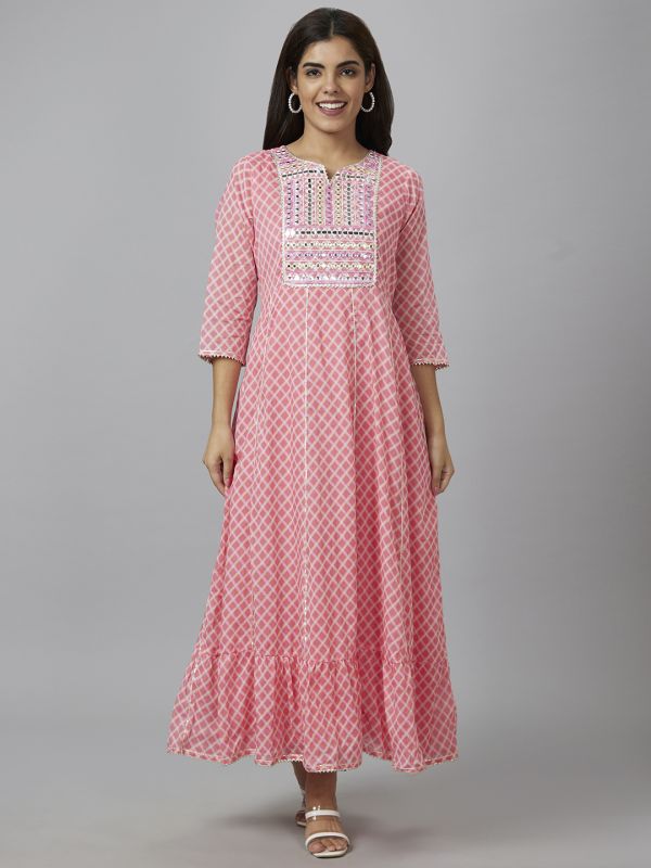 Globus Women Pink Checked Round Neck Fit and Flare Maxi Dress