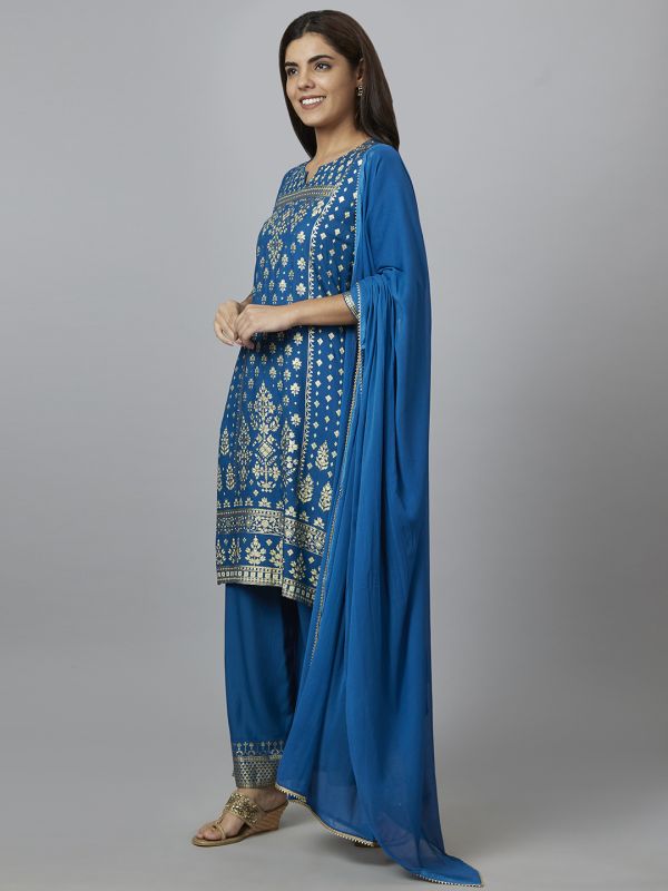 Globus Women Blue Printed Straight Kurta Set with Trouser and Dupatta