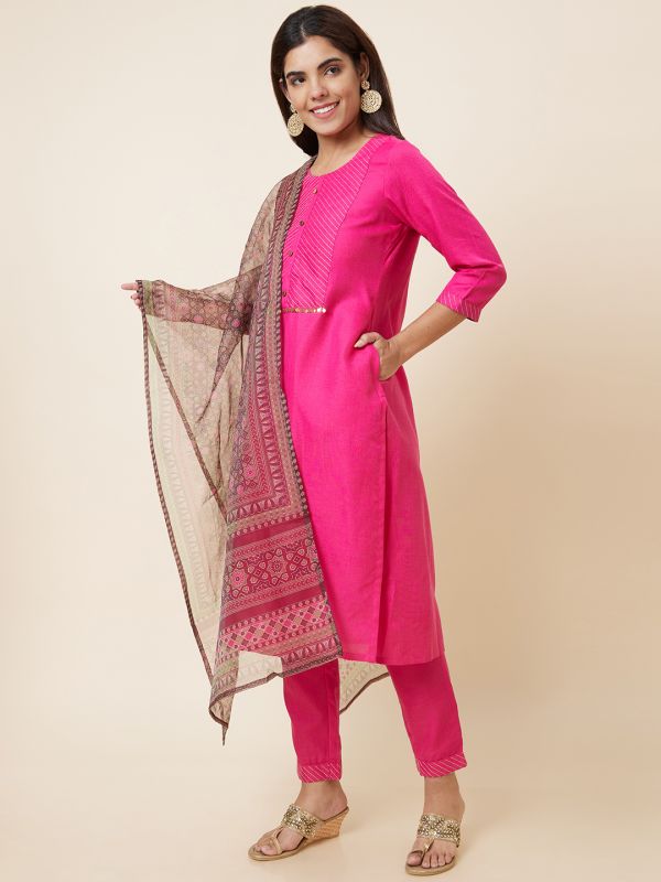 Globus Women Pink Solid Straight Kurta Set with Trouser and Dupatta