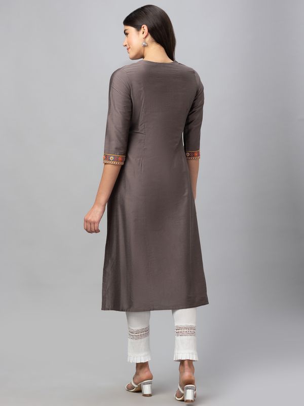 Globus Women Taupe Embroidered Round Neck With 3/4 Sleeves A Line Kurta