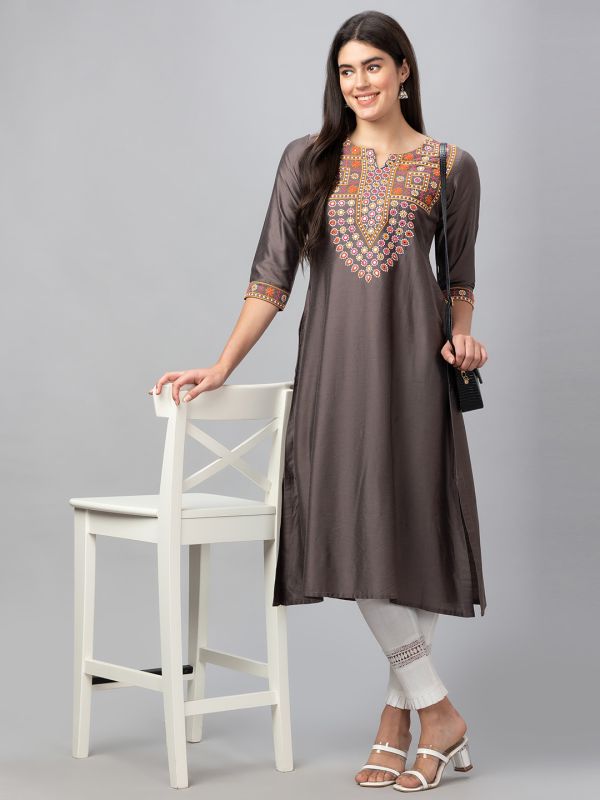 Globus Women Taupe Embroidered Round Neck With 3/4 Sleeves A Line Kurta