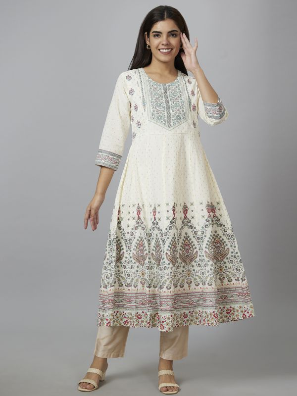 Globus Women Off White Printed Round Neck Anarkali Kurta