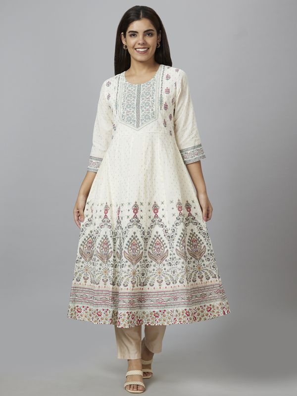 Globus Women Off White Printed Round Neck Anarkali Kurta